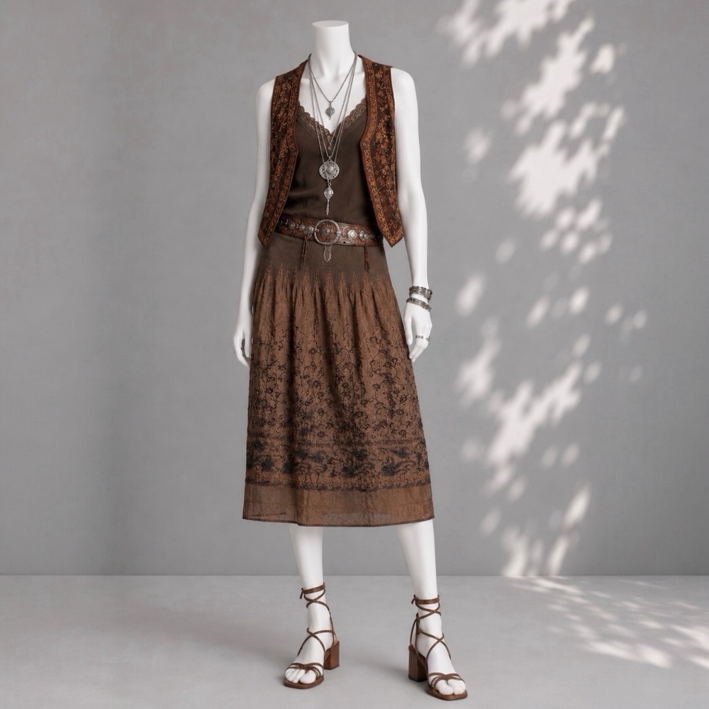 Vintage Lapis Whimsigoth Skirt OS/M Brown Beaded Embroidered Fairy Boho Midi